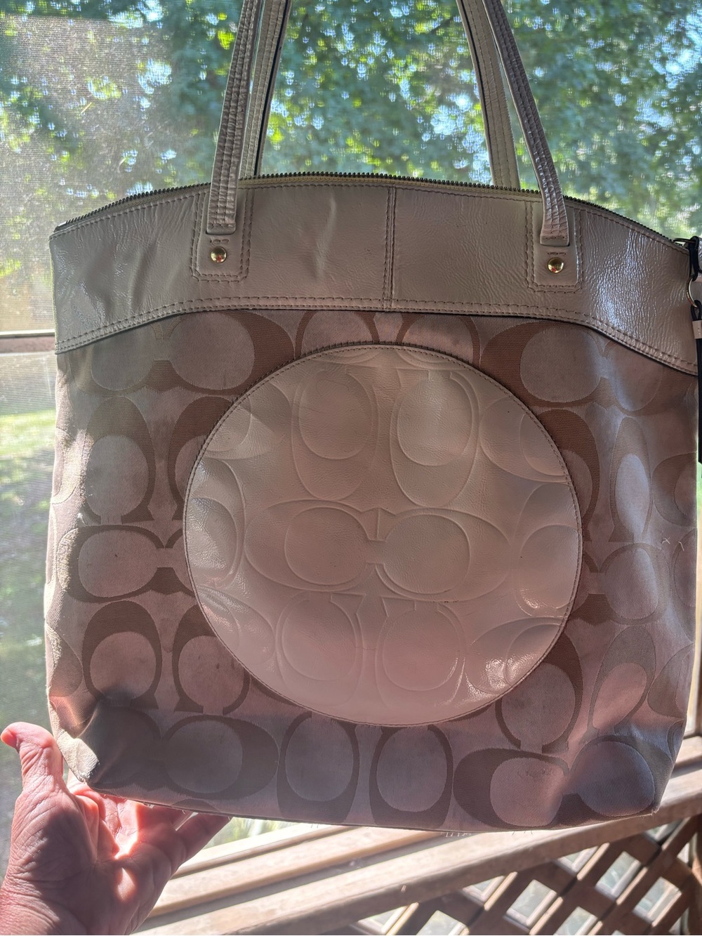 Coach White and Tan Signature Tote Bag